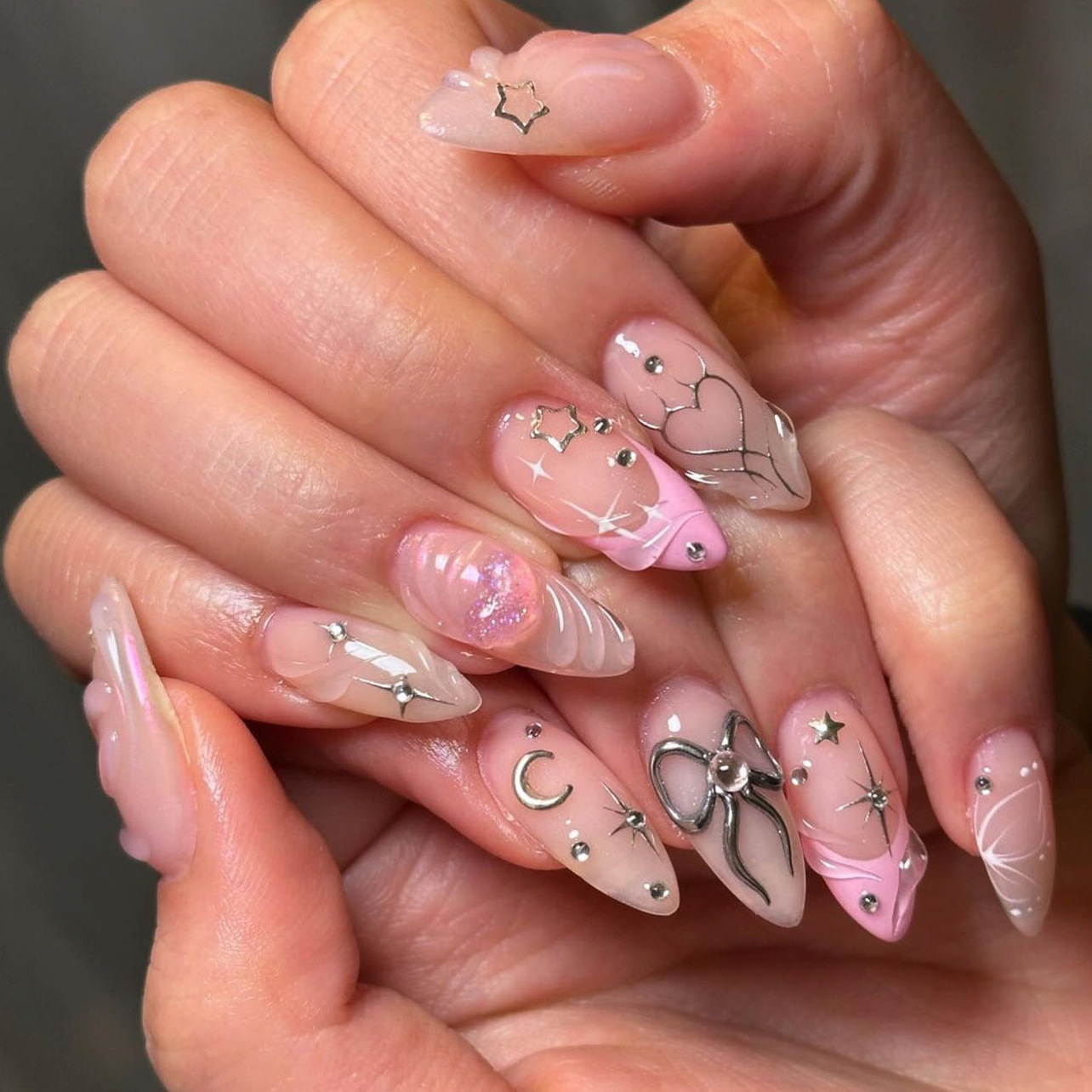 Nail Art Valentine - 24개입 리본 디자인 핑크 프렌치 발렌타인데이