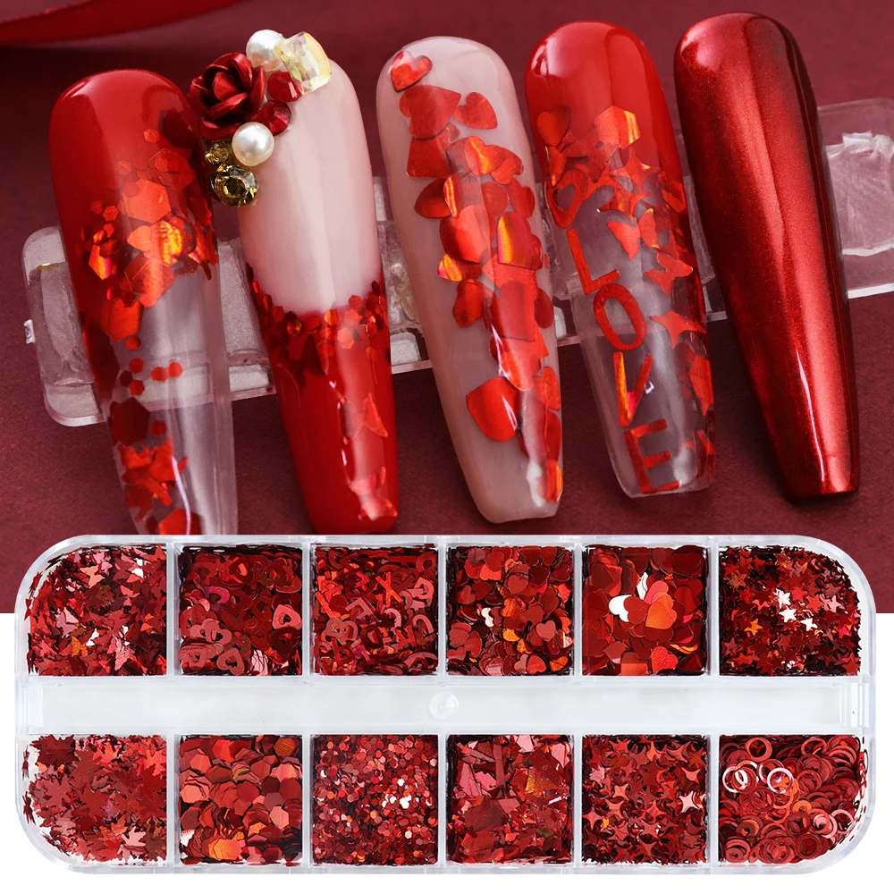 Nail Art Valentine - 홀로그램 레드 네일 아트 반짝이 플레이크