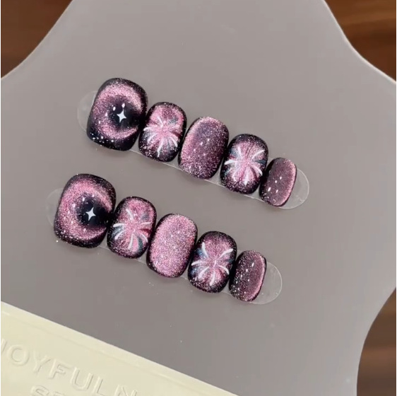 Nail Art Cat Eye - 10개입 보라색 짧은 라운드 헤드 프레스온