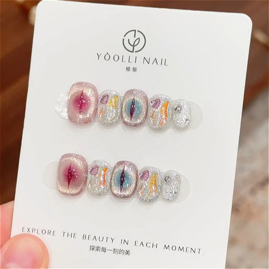 10개입 보라색 짧은 라운드 헤드 프레스온 네일, 눈부 - Nail Art Cat Eye 리뷰 및 가격