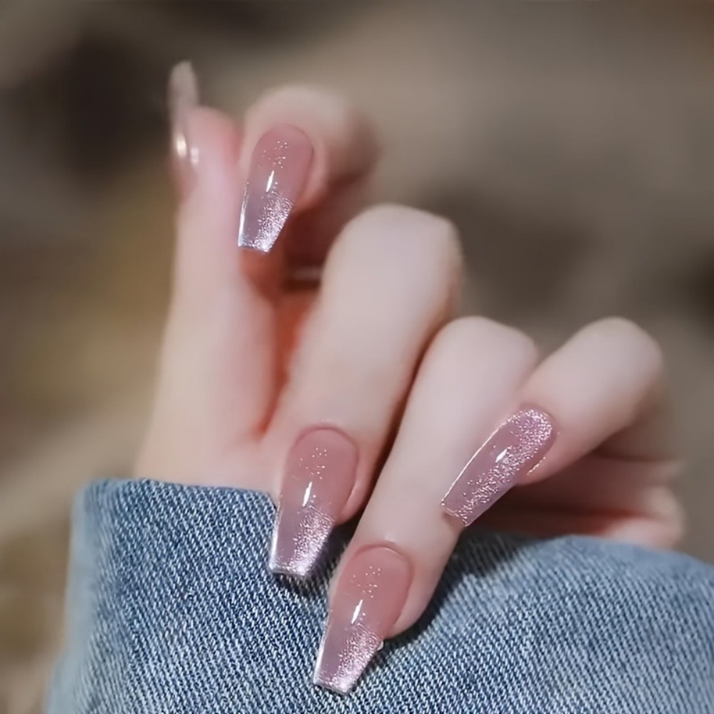 24개 반짝이는 핑크 글리터 캣아이 디자인 롱 발레 모 - Nail Art Design 리뷰 및 가격