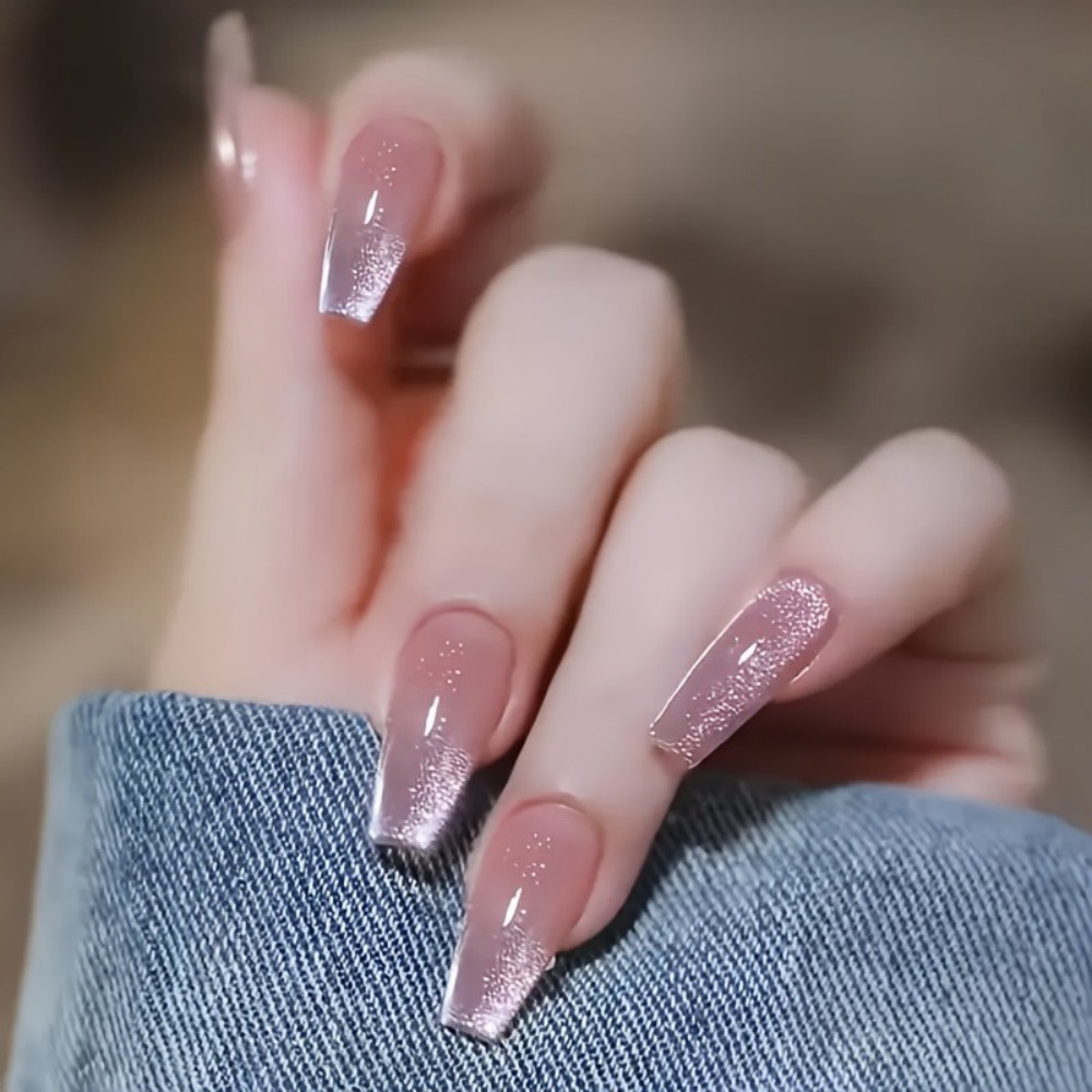 24개 반짝이는 핑크 글리터 캣아이 디자인 롱 발레 모 - Nail Art Design 리뷰 및 가격