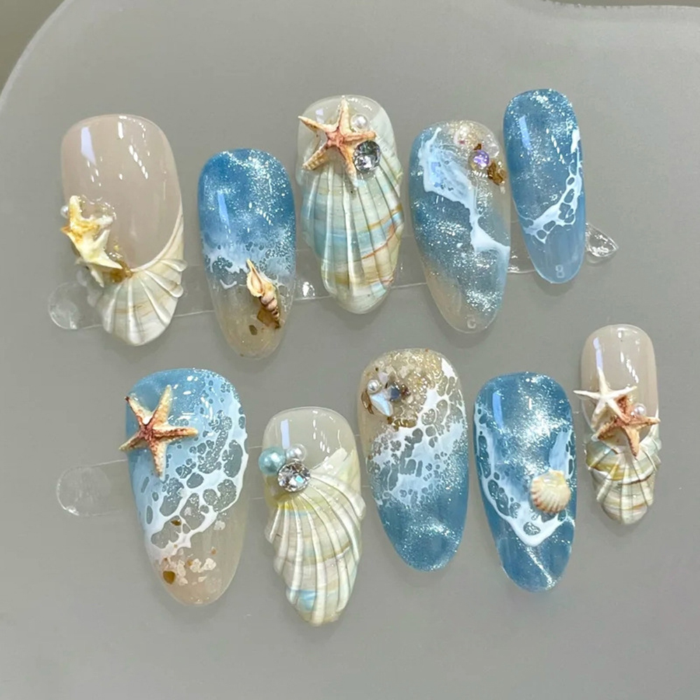 10개입 오션 웨이브 비치 프레스온 네일 3D 조개,  - Nail Art Xs 리뷰 및 가격